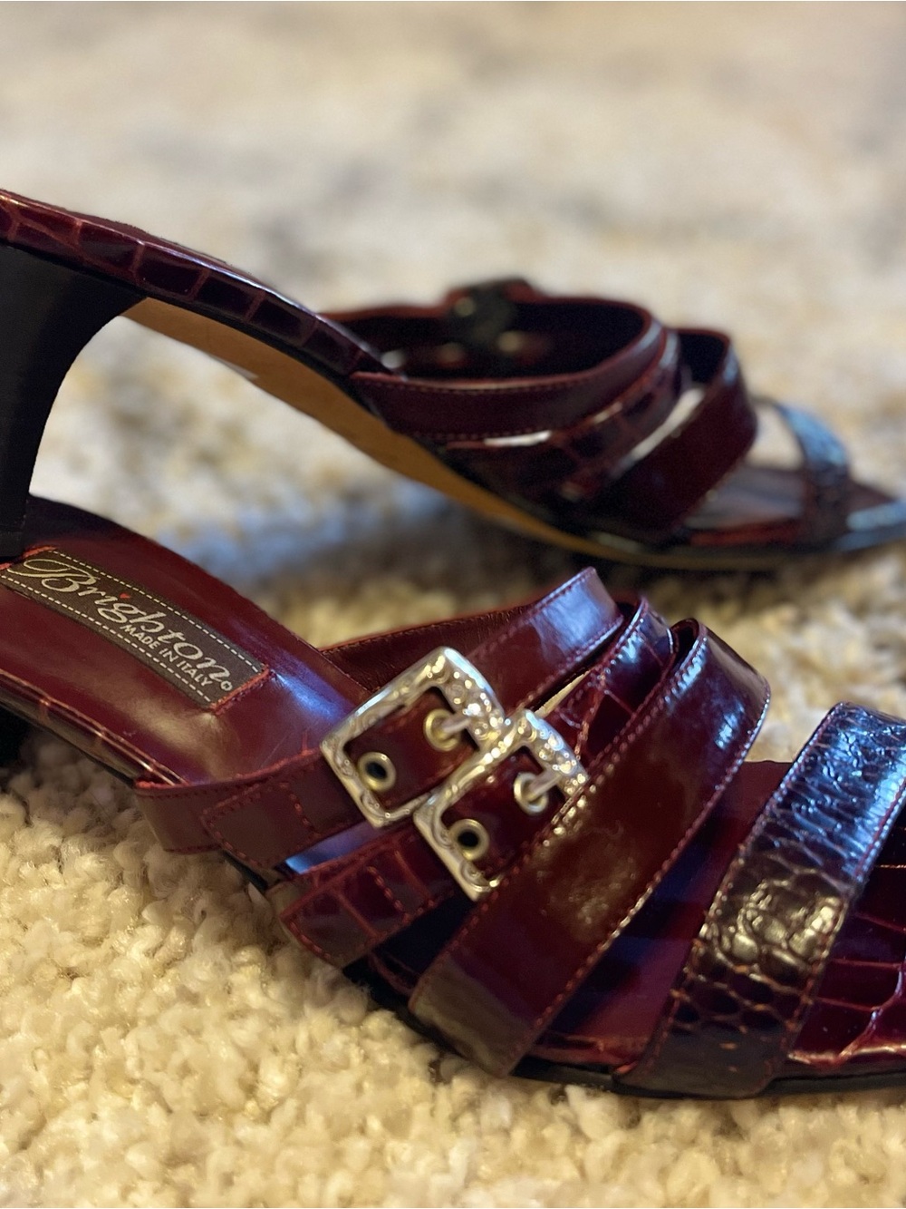 Brighton "Tina" Burgundy Mock Croc Strappy Heels – Made in Italy – Size 6.5M